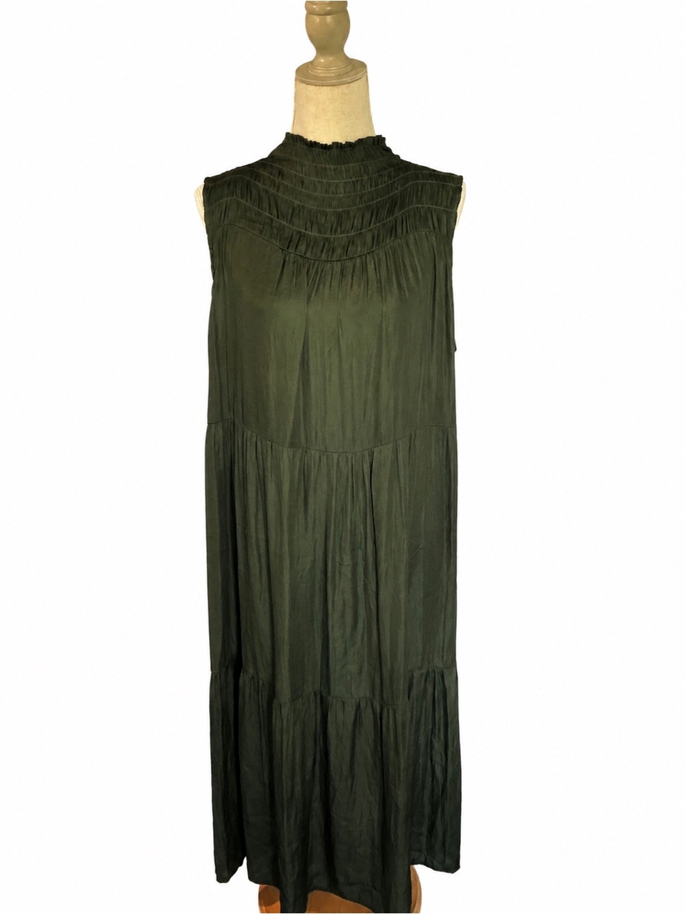 Grade & Gather Olive Shirred High-Neck Tiered Maxi Dress XL